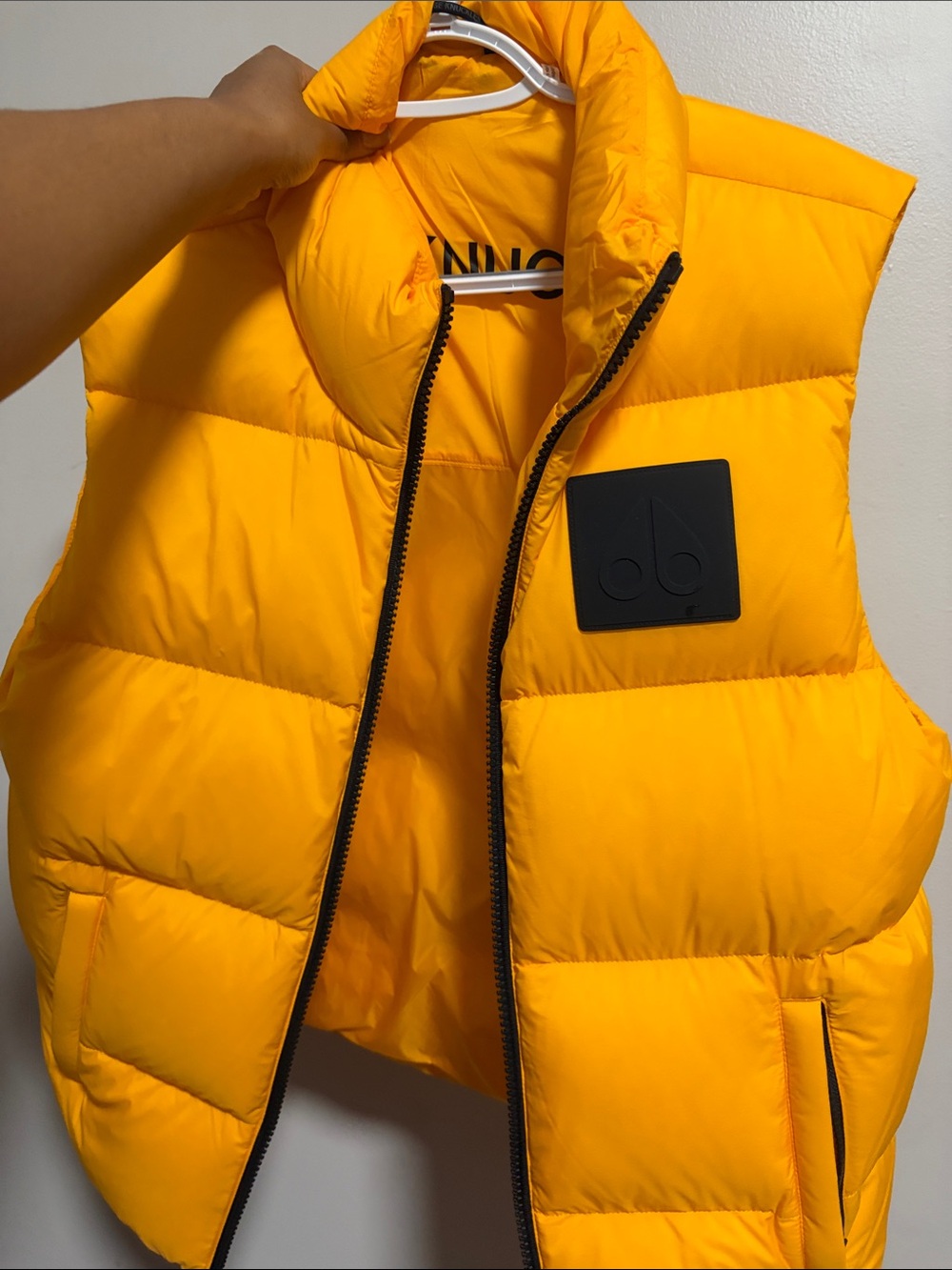 Moose knuckles vest orange/Yellow Puffer Vest with Black Patch